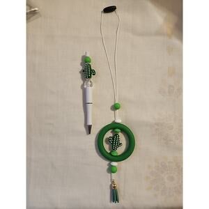 Car Charm For Rear View & Bed Pen Combo Dark Green Cactus White Tassel